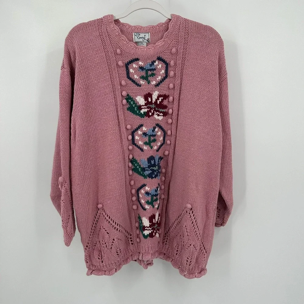 Womens Vintage Cottagecore Sweater Size 2X Grandma Shabby Chic Embroidered 90s